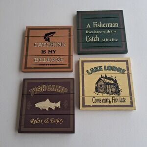 Rustic Wood Fishing Coasters Set of 4 Lake Lodge Fish Camp Cabin Decor NWOB